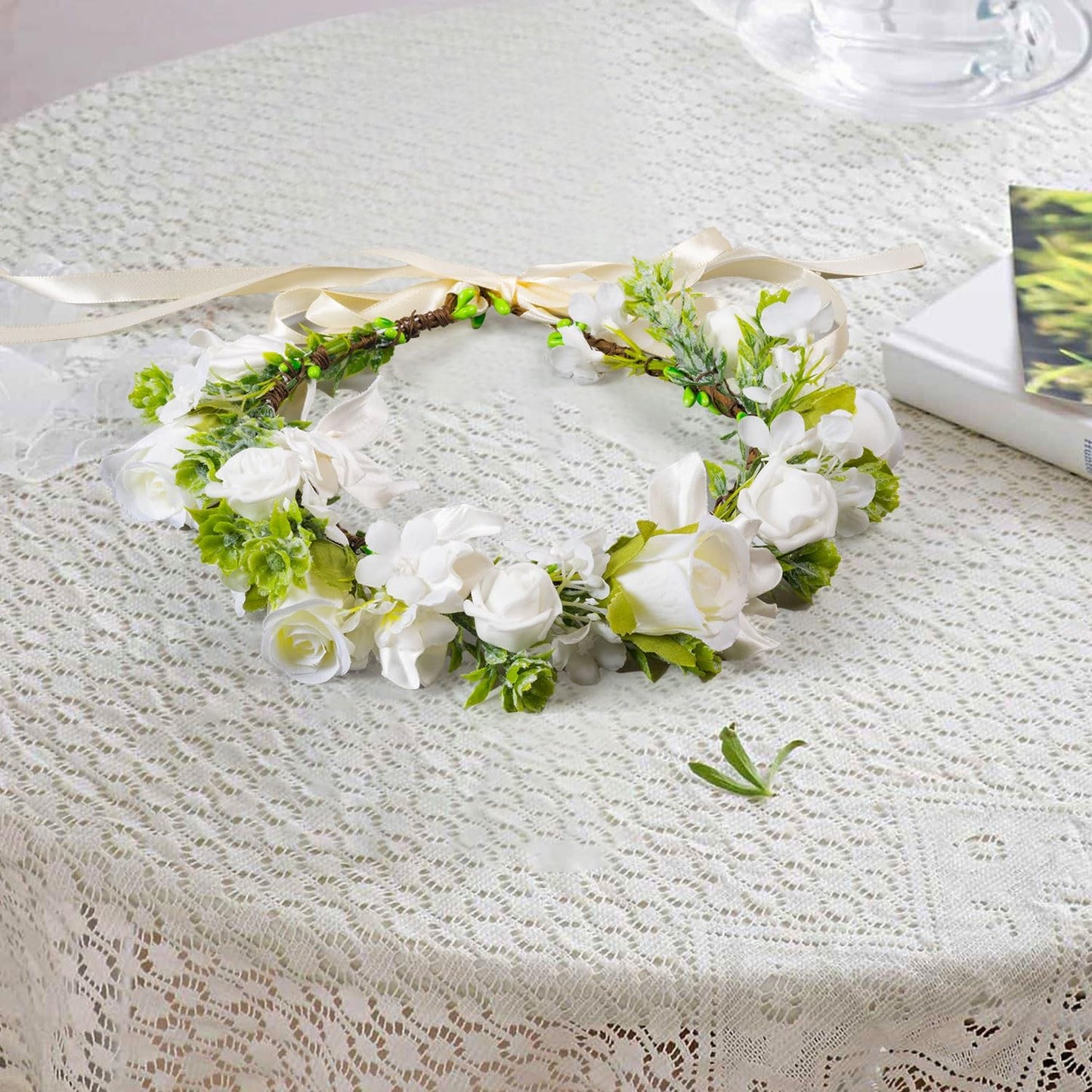 Vividsun Wedding Green Leaf Floral Crown Boho Bridal Flower Crown Maternity Photo Props Headpiece (A white)