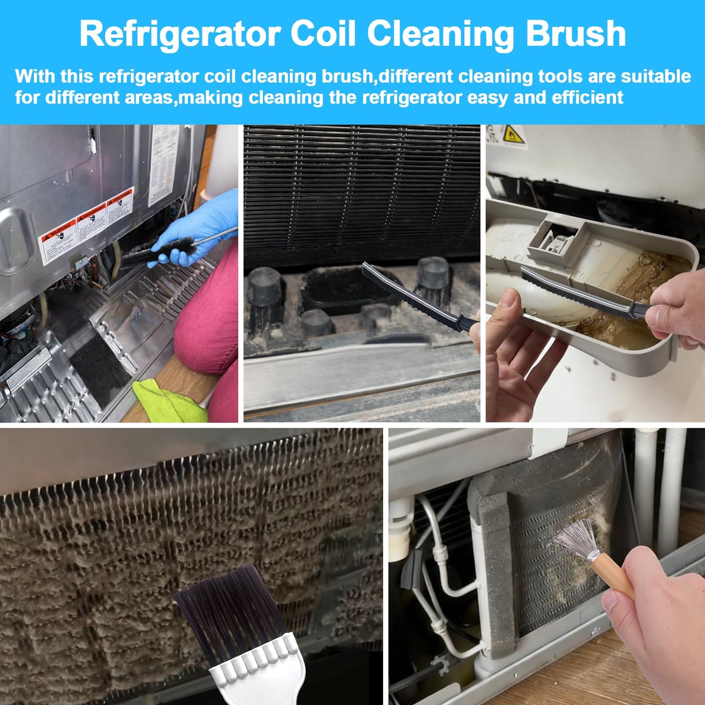 XANGNIER Refrigerator Coil Cleaning Brush Kit,5 Pack Fridge Coil Cleaner Tools Accessories,Sewer Drain Cleaner Brush for Toilet,Sink, Dryer Vent,Pipe,Shower,Appliance,Long Flexible Drain Brush