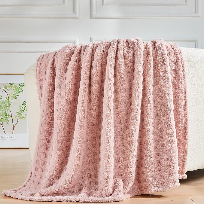 NEWCOSPLAY Super Soft Twin Blanket Pink Premium Silky Flannel Fleece 3D Waffle Checkered Lightweight Bed Blanket All Season Use (Pink, Twin(60"x80"))