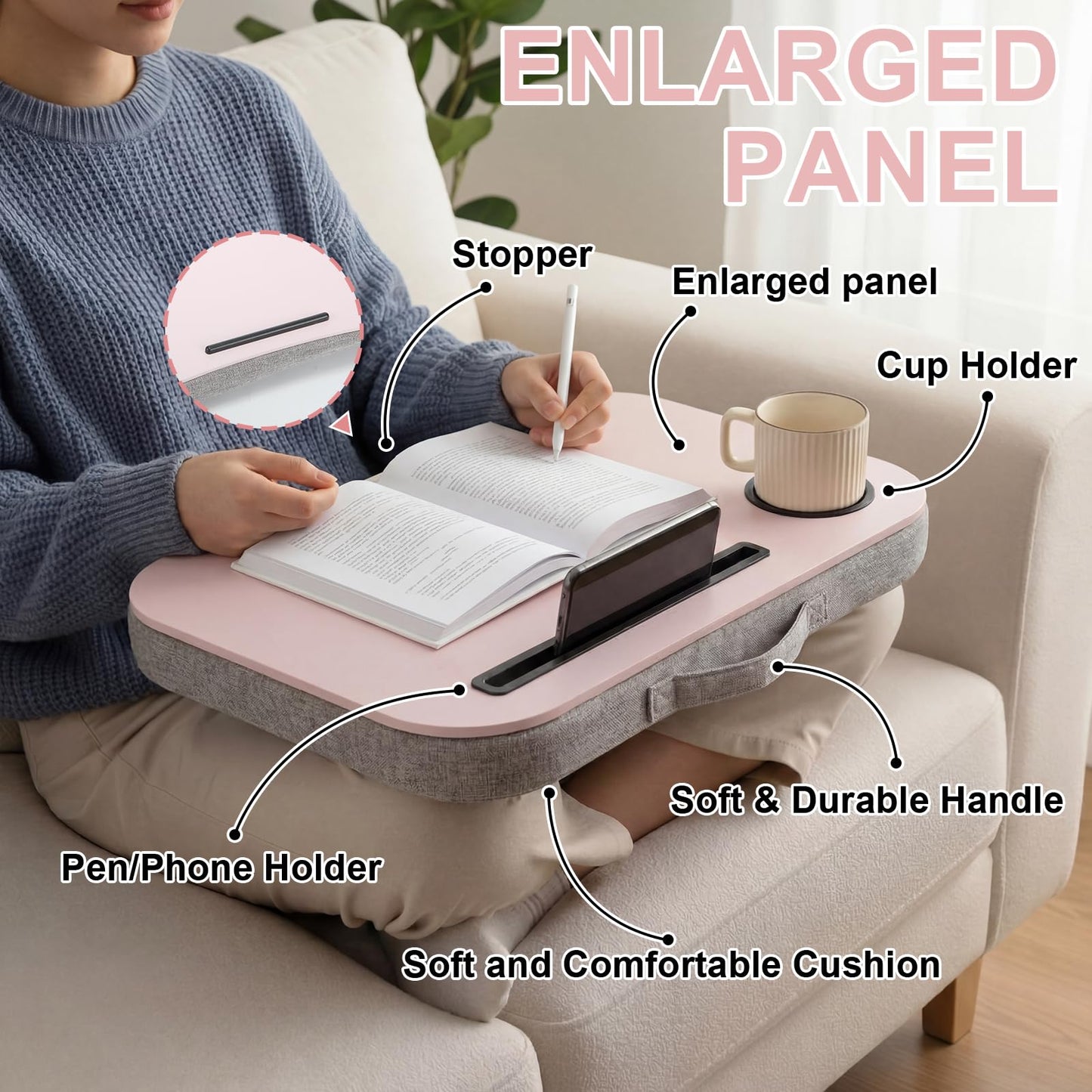 Lewtemi Pink Laptop Lap Desk with Cup Holder and Stopper Padded Phone Holder Couch Bed Sofa Fits up to 15.6 Inch Cushion Portable Lap Desk for Home Office Study Writing