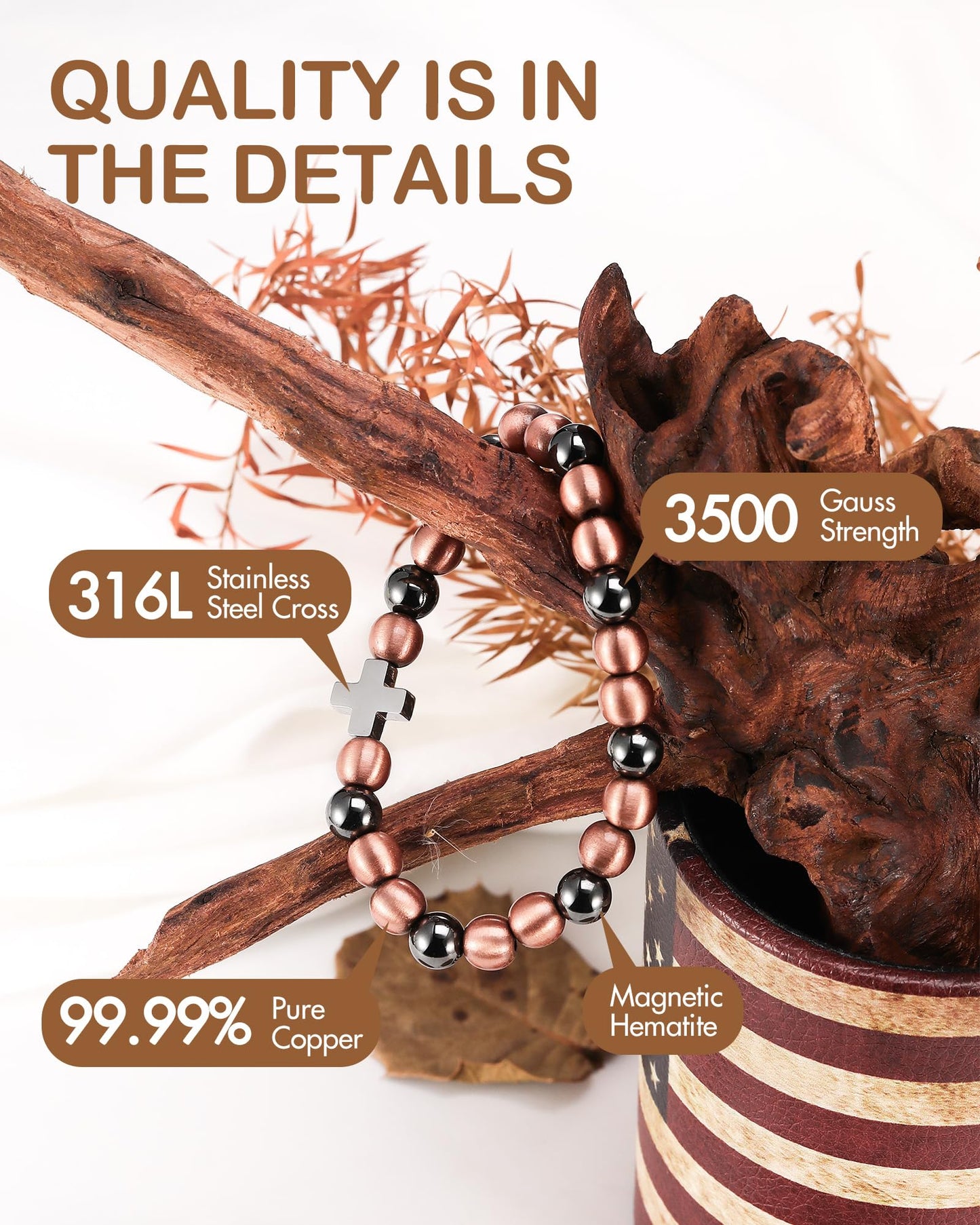 Feraco Pure Copper Magnetic Bead Bracelet for Men Women with Cross, 8mm 99.99% Solid Copper & 3500 Gauss Magnetic Hematite Beads, Unisex Stretch Wristband, Gift-Ready Jewelry (Silver)