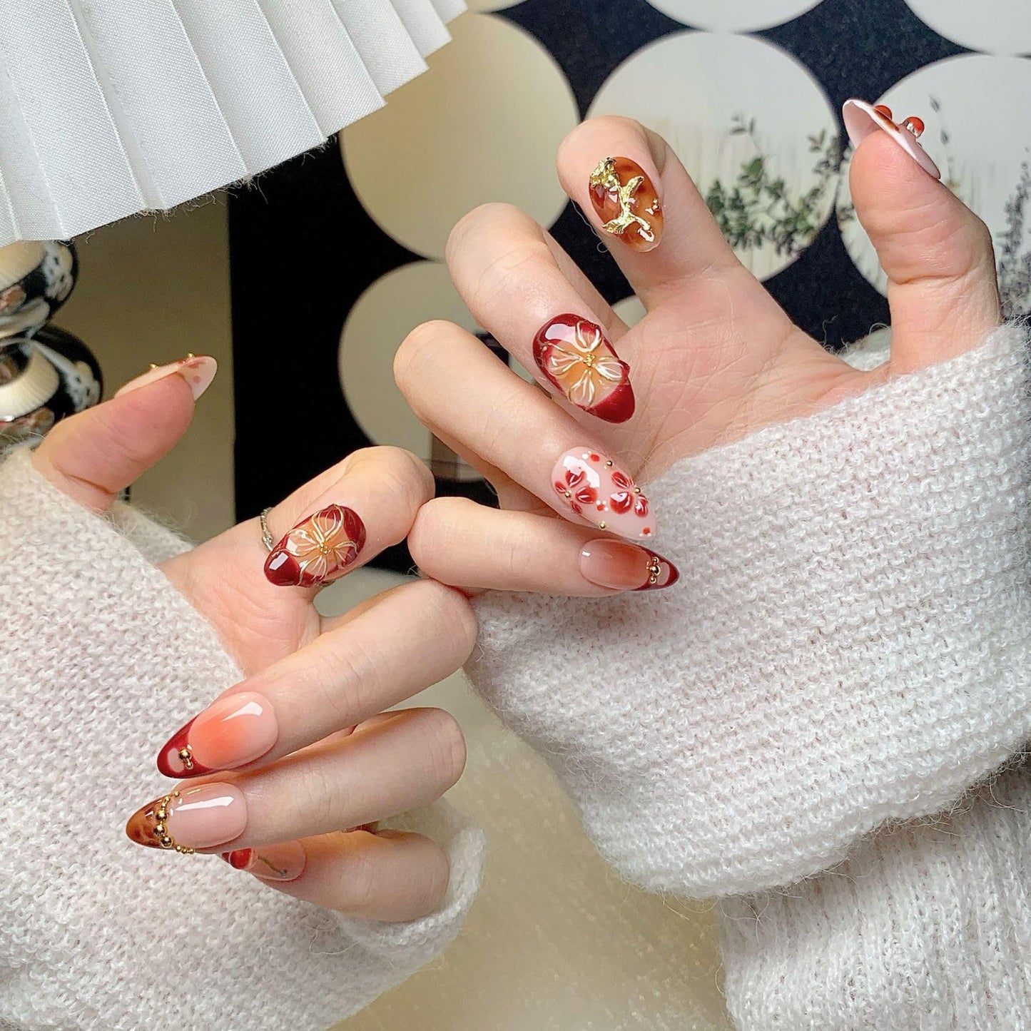 Almond Press on Nails Medium - Handmade Fake Nails with 3D Gold Flower Design - Winter Cherry Full Cover Glue on False Nails for Women - (Size S)