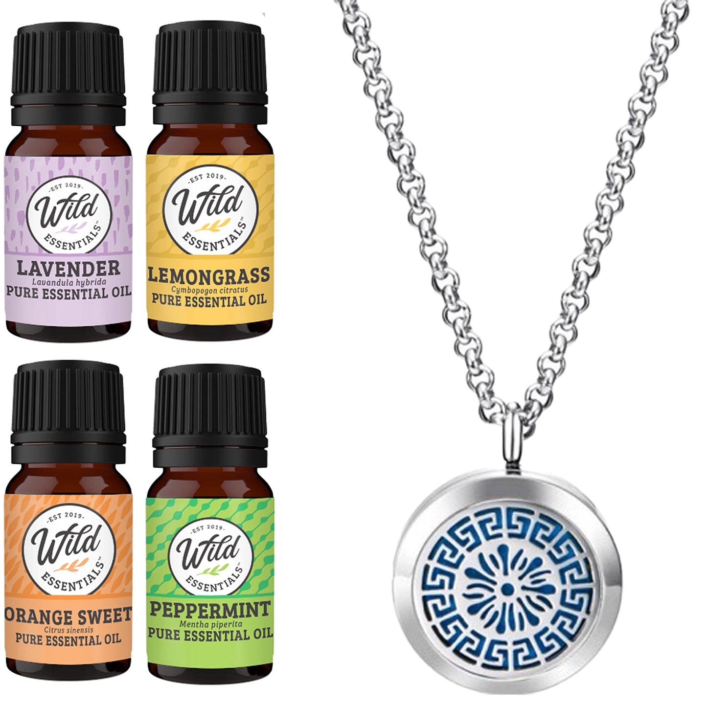 Wild Essentials Greek Key Necklace Essential Oil Diffuser Kit with Lavender, Lemongrass, Peppermint, Orange Oils, 12 Refill Pads, Calming Aromatherapy Gift Set, Customizable Color Changing, Perfume