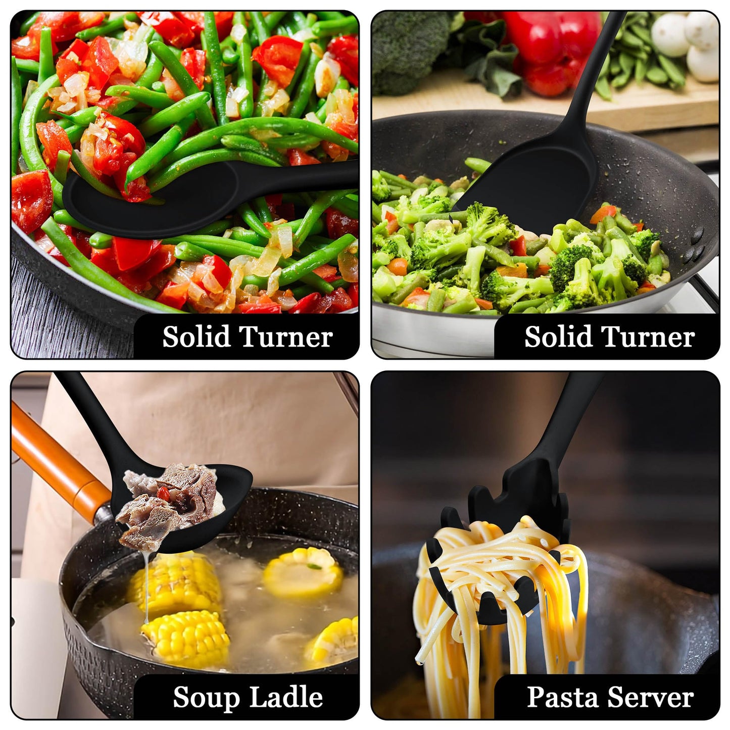 LIANYU 8Pcs Cooking Utensils Set, Heat Resistant Kitchen Utensils, Silicone Utensils Spatula Set for Nonstick Cookware with Spatula, Ladle, Turner, Spoon, Dishwasher Safe, Black