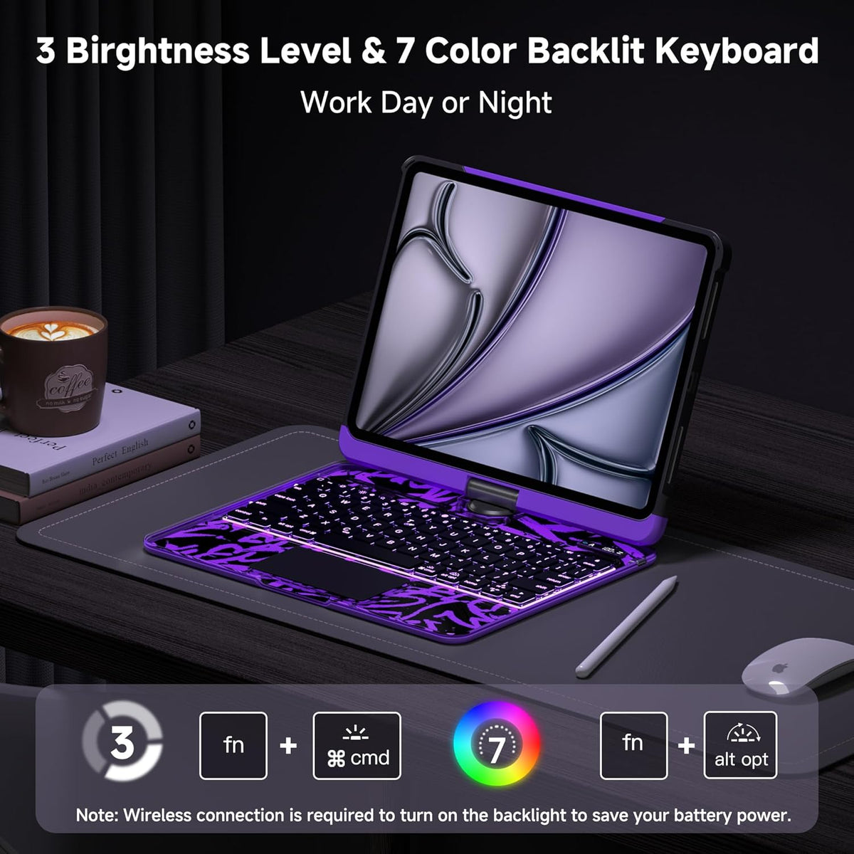 iPad Keyboard Case for 2024 M4 iPad Pro 13 inch, Magic Wireless Keyboard with Trackpad 7 Color Backlit, 360° Rotating Stand Transparent Protective Cover with Pencil Holder (Purple)