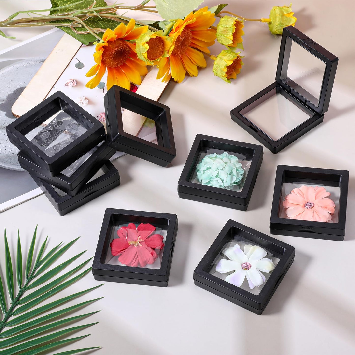 LIQWEI 60 Pcs 3D Floating Display Case, Coin Display Case Black, 2.8 x 2.8 x 0.8 Inch Coin Frame Display-Holder Stands 3D Floating Jewelry Frame for Jewelry Shells Specimen Pins