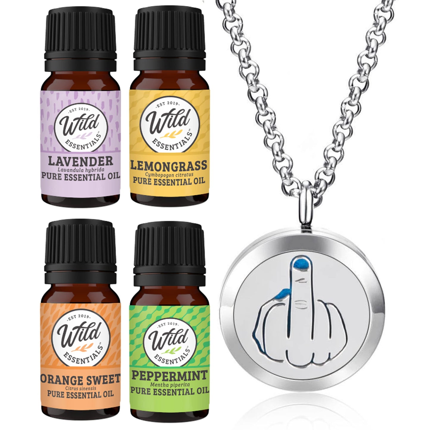 Wild Essentials Middle Finger Necklace Essential Oil Diffuser Kit, Lavender, Lemongrass, Peppermint, Orange Oils, 12 Refill Pads, Calming Aromatherapy Gift Set, Customizable Color Changing, Perfume