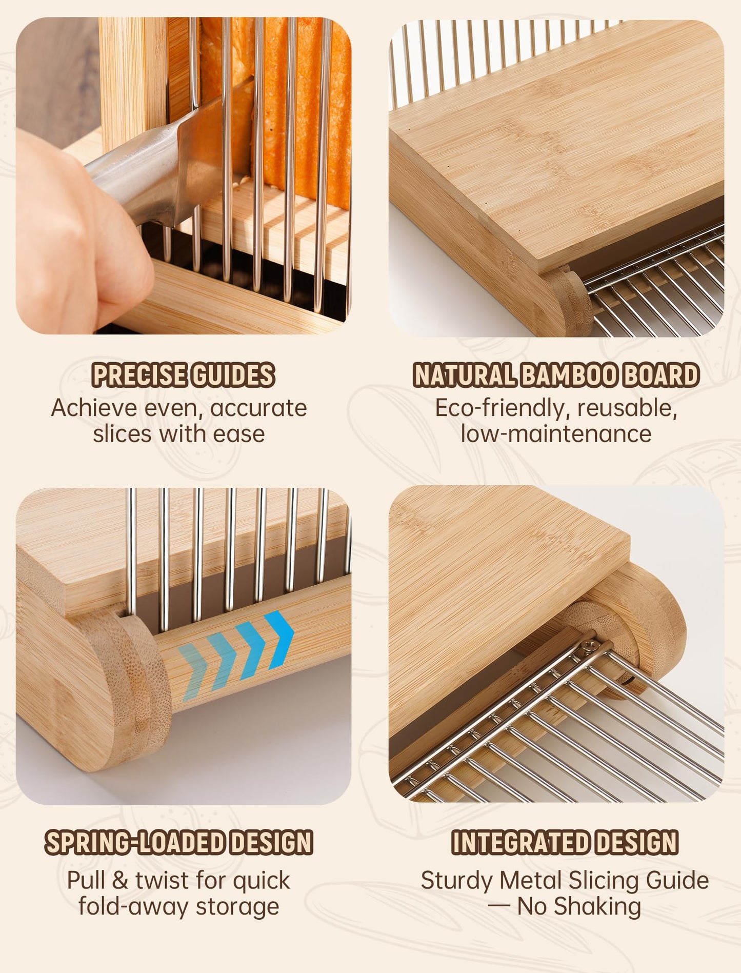 NiHome Bamboo Bread Slicer for Homemade Bread with Stainless Steel Guides, Adjustable Thickness for Toast & Sandwiches, Foldable Compact Sourdough Wood Cutting Board