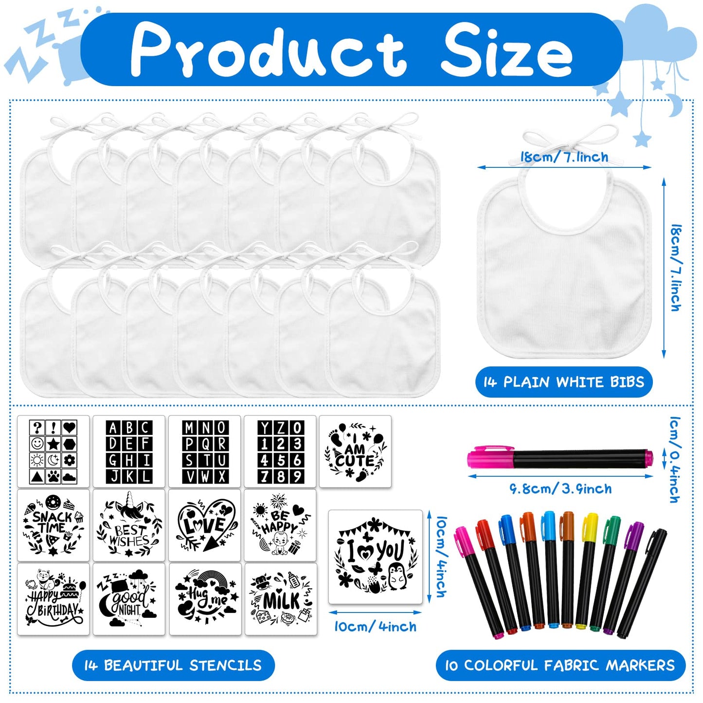 Jutom 38 Pcs DIY Baby Bibs Decorating Kit 14 Bibs 14 Stencils 10 Fabric Markers 2 Ply Feeder Design Bib for Shower Games(White)