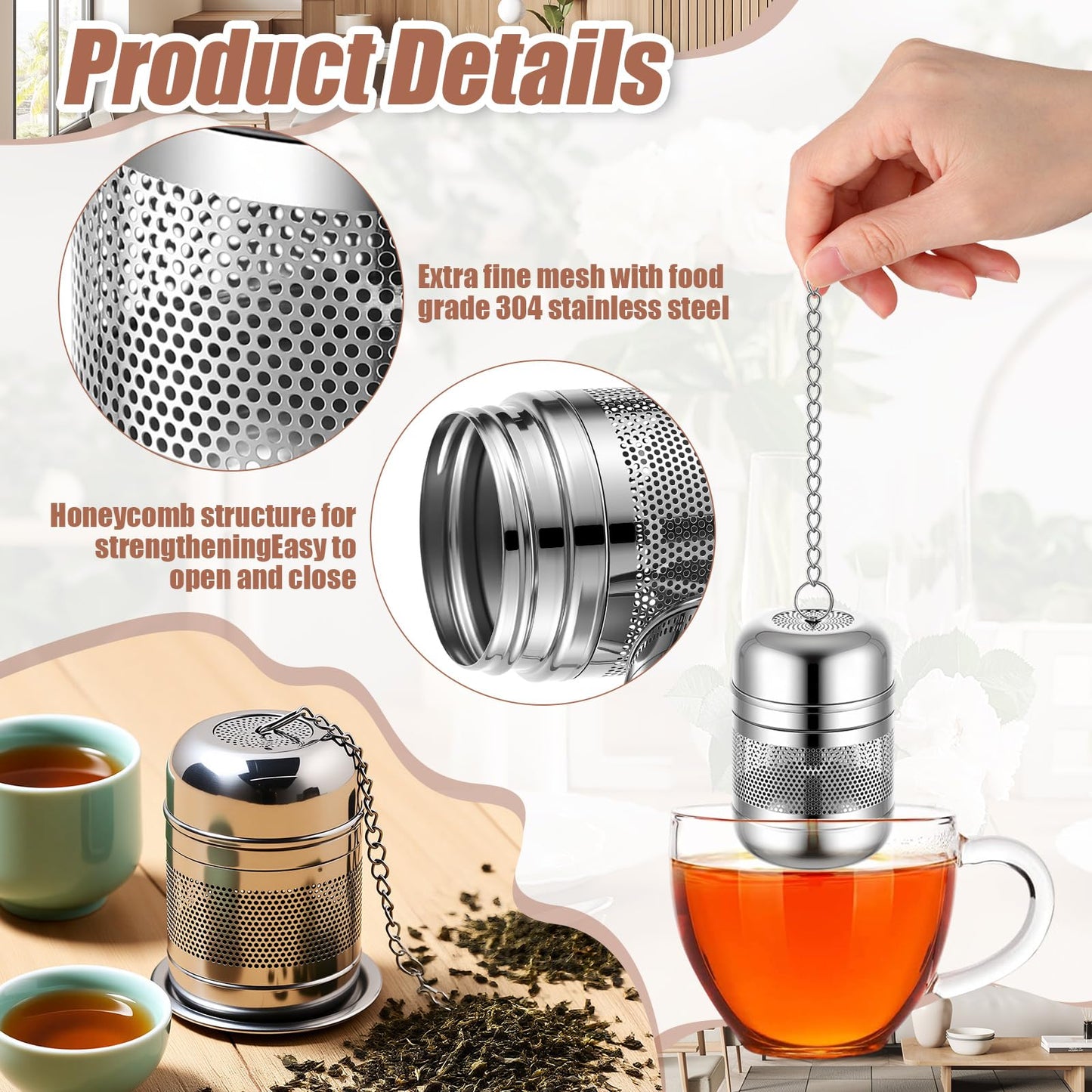 Umigy 4 Pcs Tea Infuser Strainers for Loose Tea with Scoop, Extra Fine Mesh Steeper 304 Stainless Steel Diffuser Leaf Holder with Extended Chain Hook for Brew, Spices, Seasoning (Stylish Style)