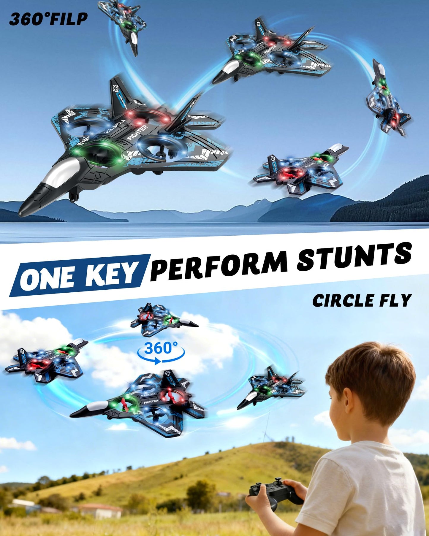 JoyRapt Drones for Kids Form RC Plane, Remote Control Airplane, Aircrafts for Boys and Girls, Jet Helicopter Drones with LED Lights 360° Flip, 4 Rechargeable Batteries Boy Toys (2 Pack)