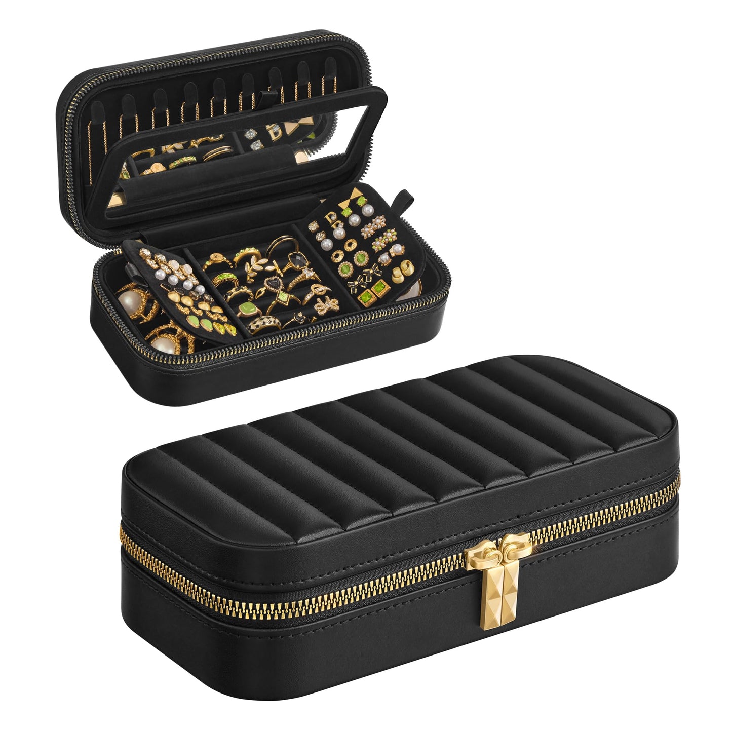 SONGMICS HOME Travel Jewelry Case, Travel Jewelry Box Organizer with Mirror, 4.1 x 8 x 2.4 Inches, Stitching, Portable, Gift Idea, Ink Black UJBC180B01