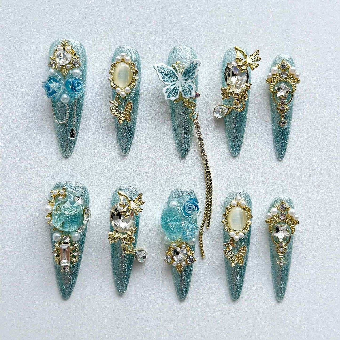 Luxury Press on Nails Long Almond Handmade 3D Unique Reusable ABS Material Fake Nails Light Blue Gothic False Nails with Designs Rhinestones Charms Glitter Glossy Glue on Thick Acrylic Nails(S)