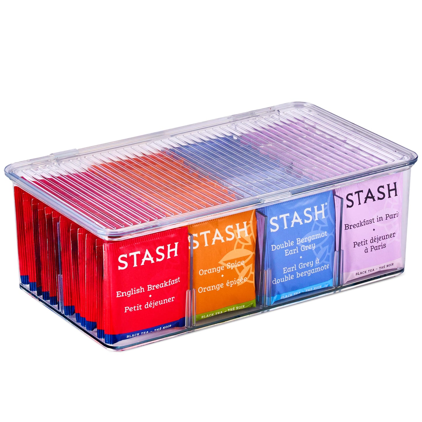Sorbus 2 Pack Tea Bag Organizer Bins w/Lids & 4 Removable Dividers, Clear Plastic Food Packet Snack Organizer, Stackable Pantry Organization, Kitchen Storage, Fridge Bins, Sturdy Cabinet Organizers