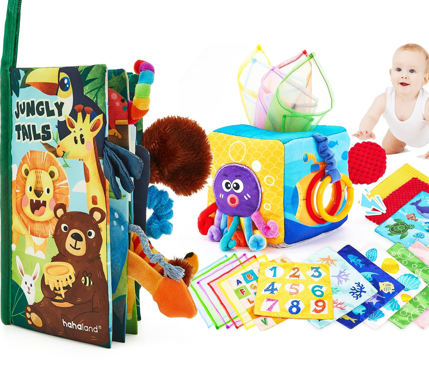 hahaland Baby Sensory Book & Baby Sensory Tissue Box Toy