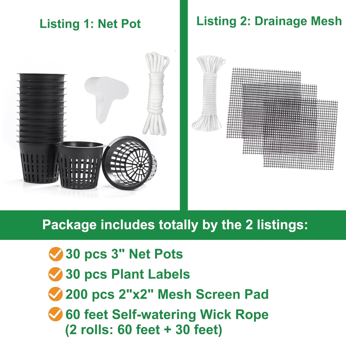 ORIMERC 30 Pack 3 inch Net Cup Pots with Self-Watering Wick Rope & Drainage Hole Mesh Screen
