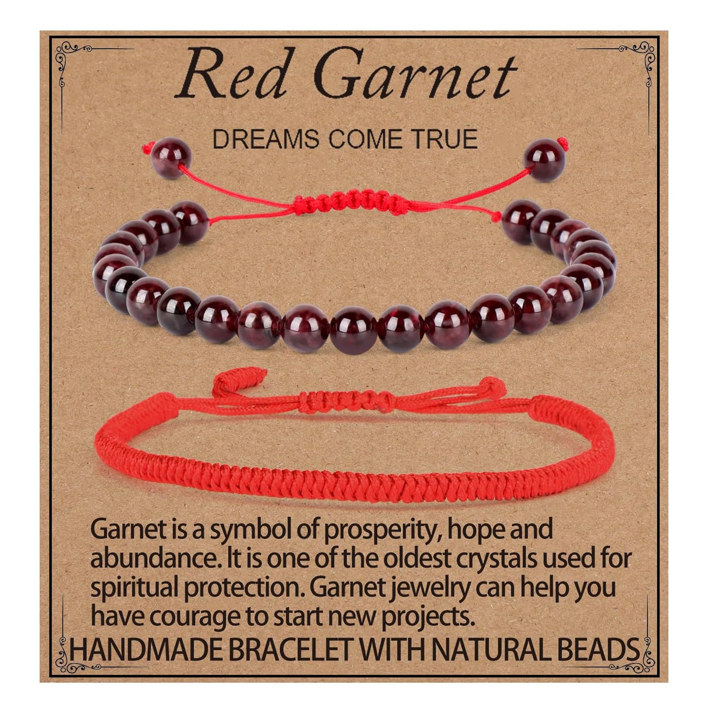 LPBeads 6mm Garnet Bracelet with Handmade Rope Bracelet Size Adjustable Natural Stone Crystal Healing Bracelets Gifts for Unisex Adults