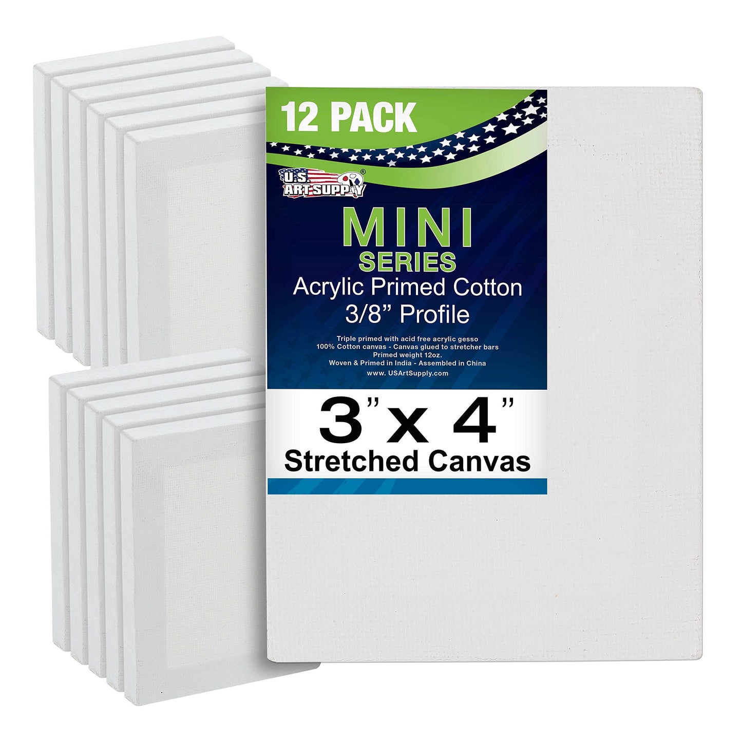 U.S. Art Supply 3x4 Mini Canvases for Painting, 12 Pack Bulk Small Stretched Artist Canvas Professional Primed - Ideal for Arts & Crafts