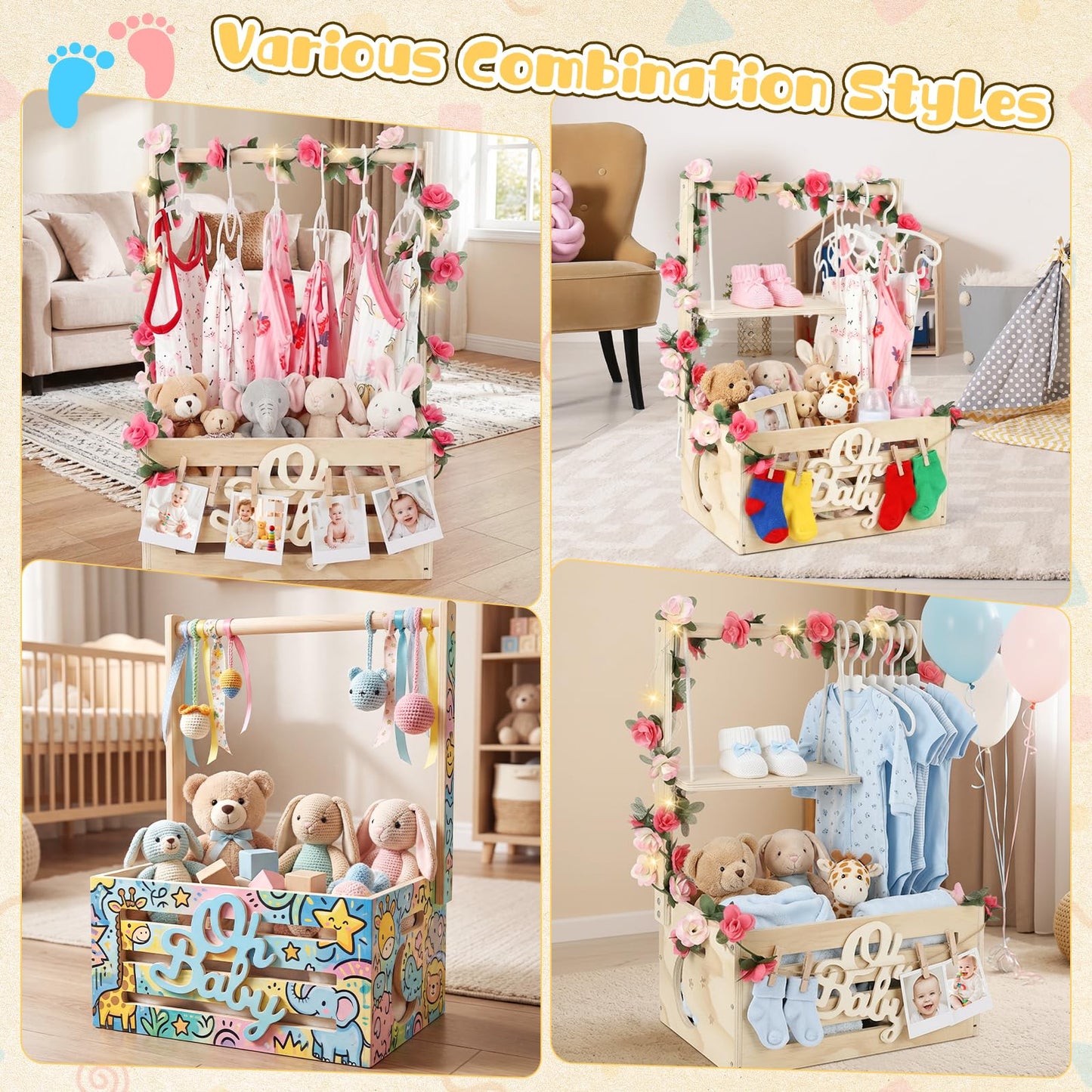 Wooden Baby Shower Crate Closet, Personalized Baby Gift Basket with Adjustable Handle, Include String Lights, Garland, 6 Hangers & 6 Clips - Unique Newborn Gift for Boys & Girls, Baptism,Birthday