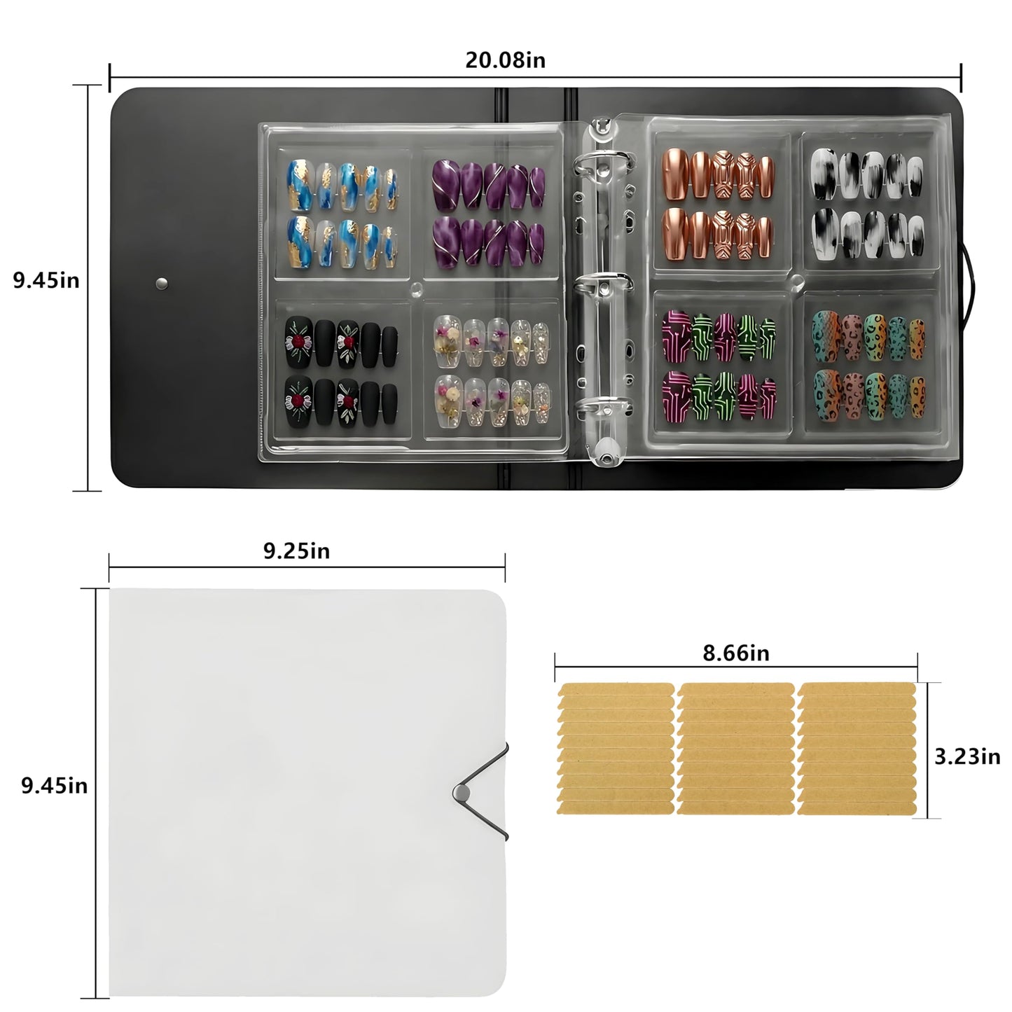 AZSRKRBM Press On Nail Book, Nail Swatch Binder Organizer with 12 Grids & Adhesive Sheets, 3 Removable Pages for Crush Resistant Storage, Display Fake Nails, Jewelry for Earrings & Necklaces
