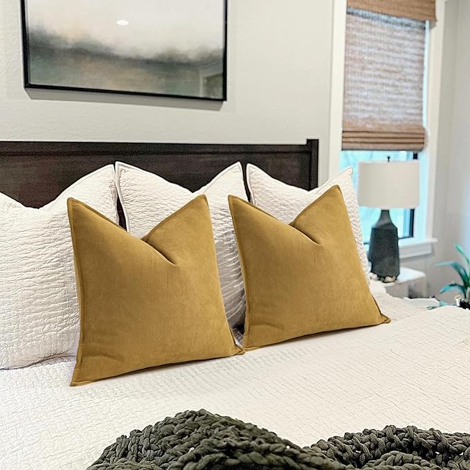 ZWJD Mustard Yellow Throw Pillow Covers 24x24 Set of 2 Chenille Pillow Covers with Elegant Design Soft and Luxurious Decorative Throw Pillows for Couch, Bed, and Home Decor