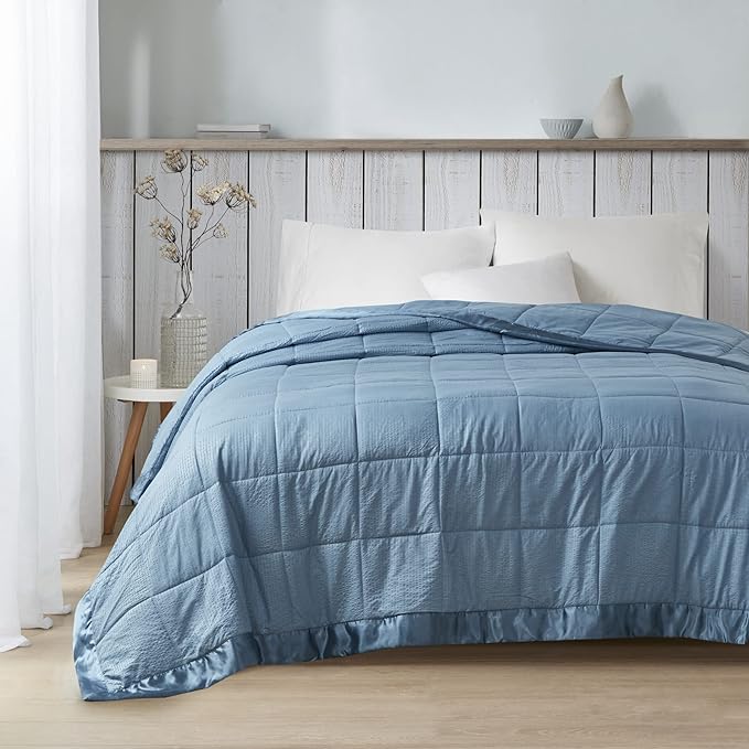 Madison Park Cambria Down Alternative Blanket, Premium 3M Scotchgard Moisture Wicking Treatment, Lightweight and Soft Bed Cover For Summer with Satin Trim, Oversized King Slate Blue
