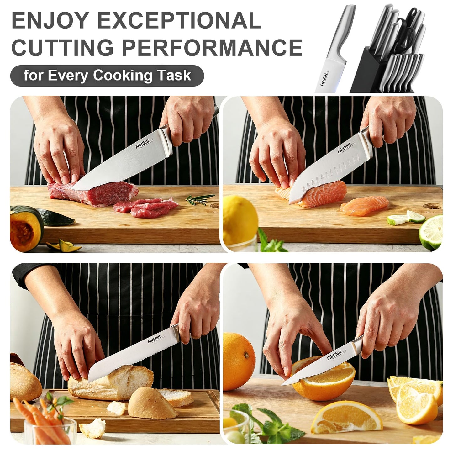 FIKSHOT Kitchen Knife Set, German Stainless Steel kitchen knives – Includes Knife Block Set & Sharpener, High Carbon, Rust-Resistant, Ergonomic Handle for Cooking, Grilling & Gifting