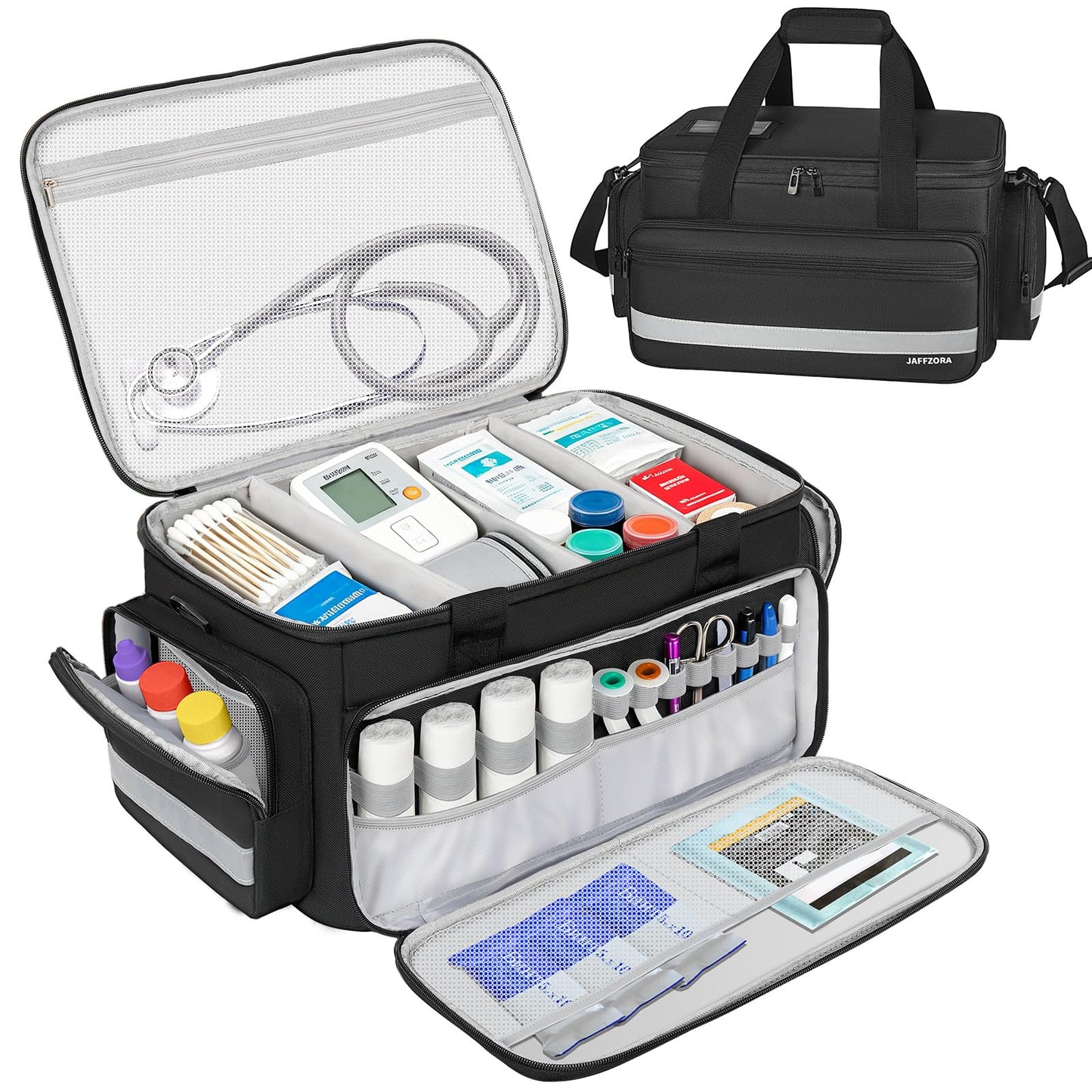 Jaffzora Medical Bag, Medical Equipment Case Empty, Large Home Health Nurse Bag with Shoulder Strap, Medication First Aid Organizer for Therapist, Doctors, Nursing Students (Black)