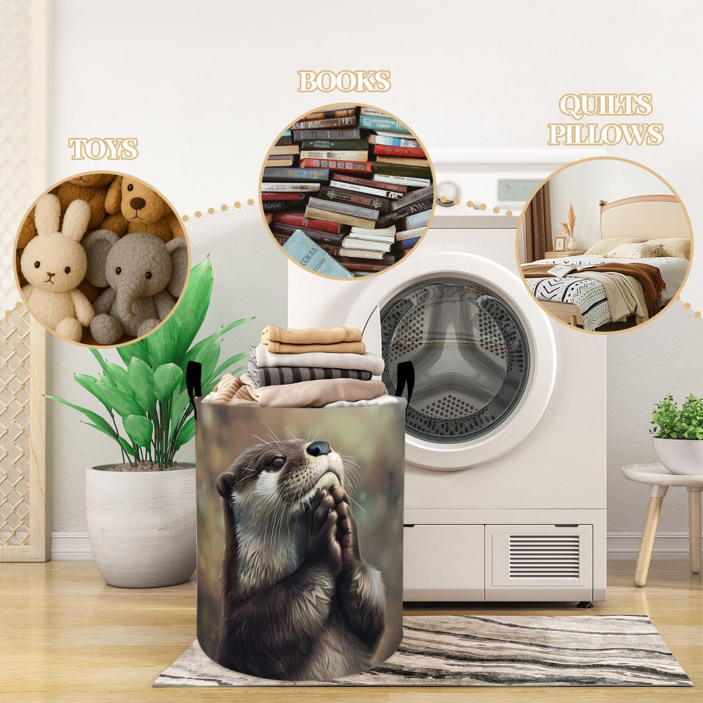 Cute Gentle Otter Dreamy Scene Laundry Basket, Dorm Nursery Foldable Laundry Hamper Organizer for Bathroom Decor, Toy Clothes Storage Box for Bedroom 19.7x15.7 Inch