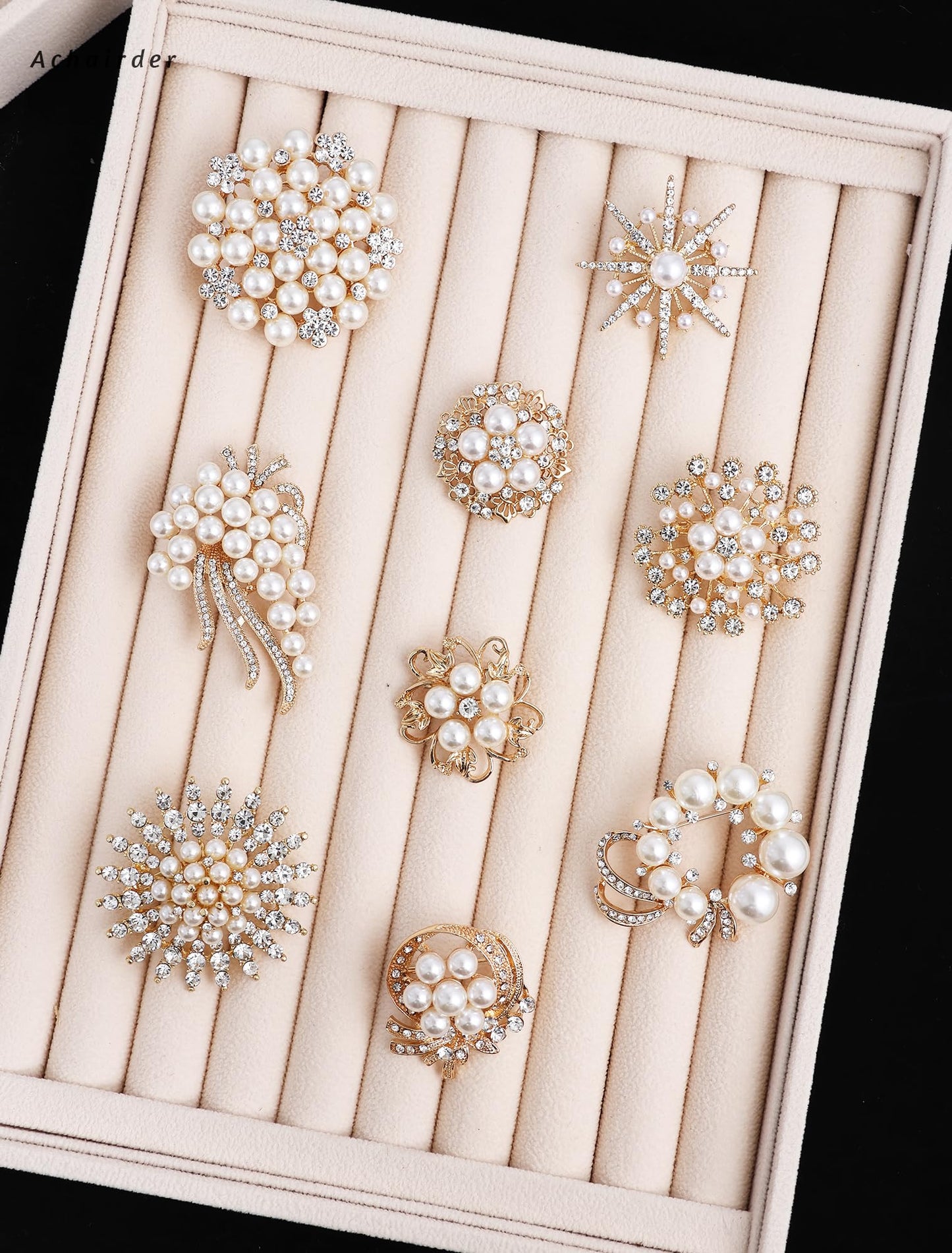 Achairder 9 Pack Gold Crystal Rhinestone Flower Brooch Pin Set for DIY Wedding Party Bouquets Embellishment Crafts Decor
