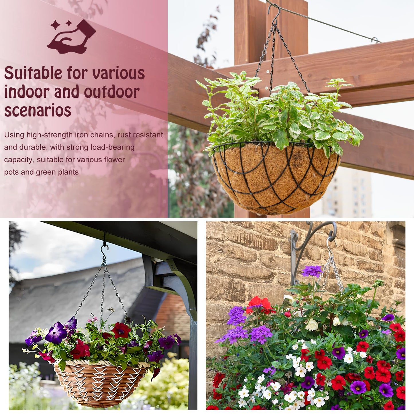 suiwotin 3pcs 16 Inch Hanging Basket Chains 3 Point, Black Chain with Hooks for Hanging Plants, Flower Pot