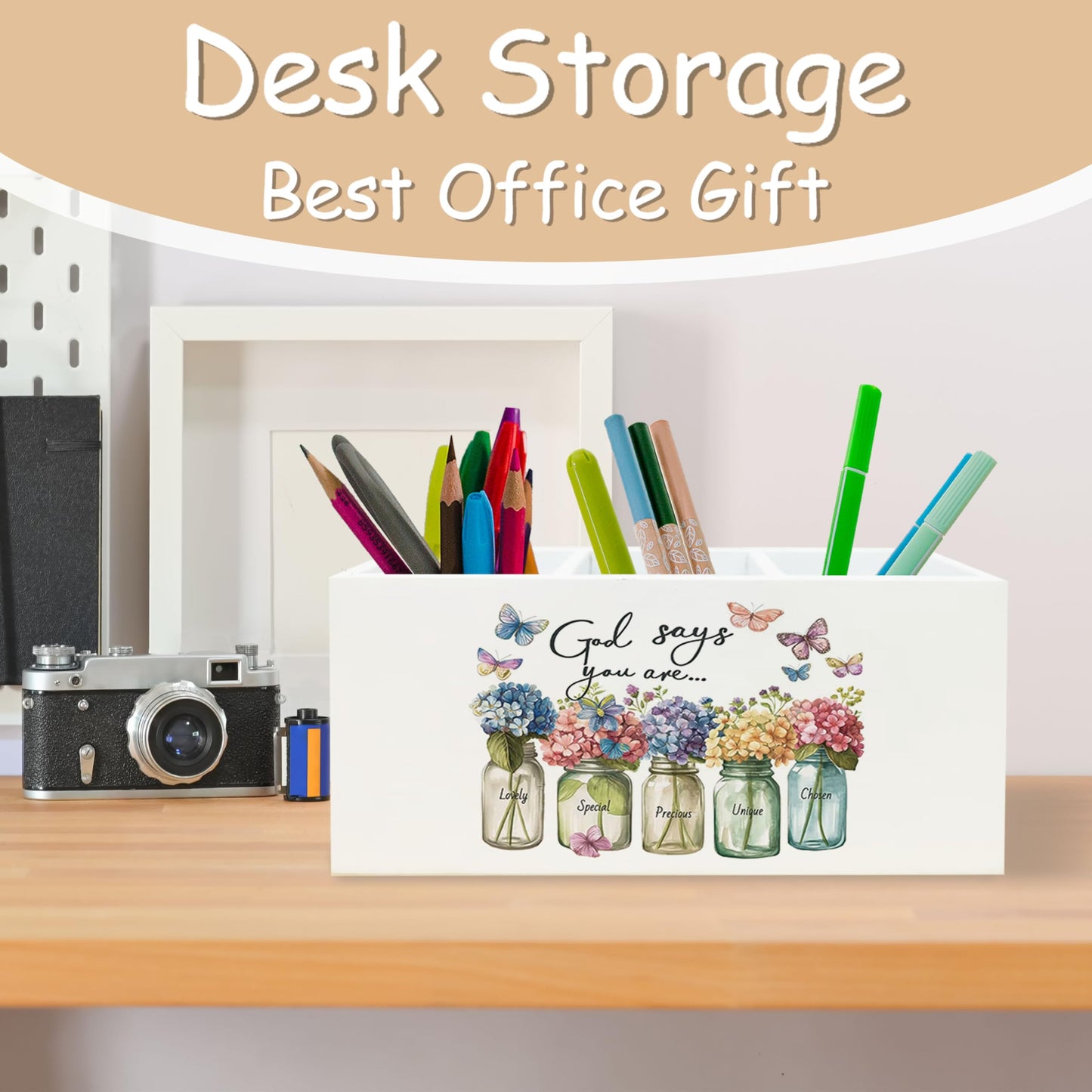 YTRGI Christian Office Decor, Christian Pen Holder for Office Desk Decor, Hydrangea Bible Verse Wooden Pencil Holder Sign Organizer for Desk, Inspirational Hydrangea Gifts for Women Men