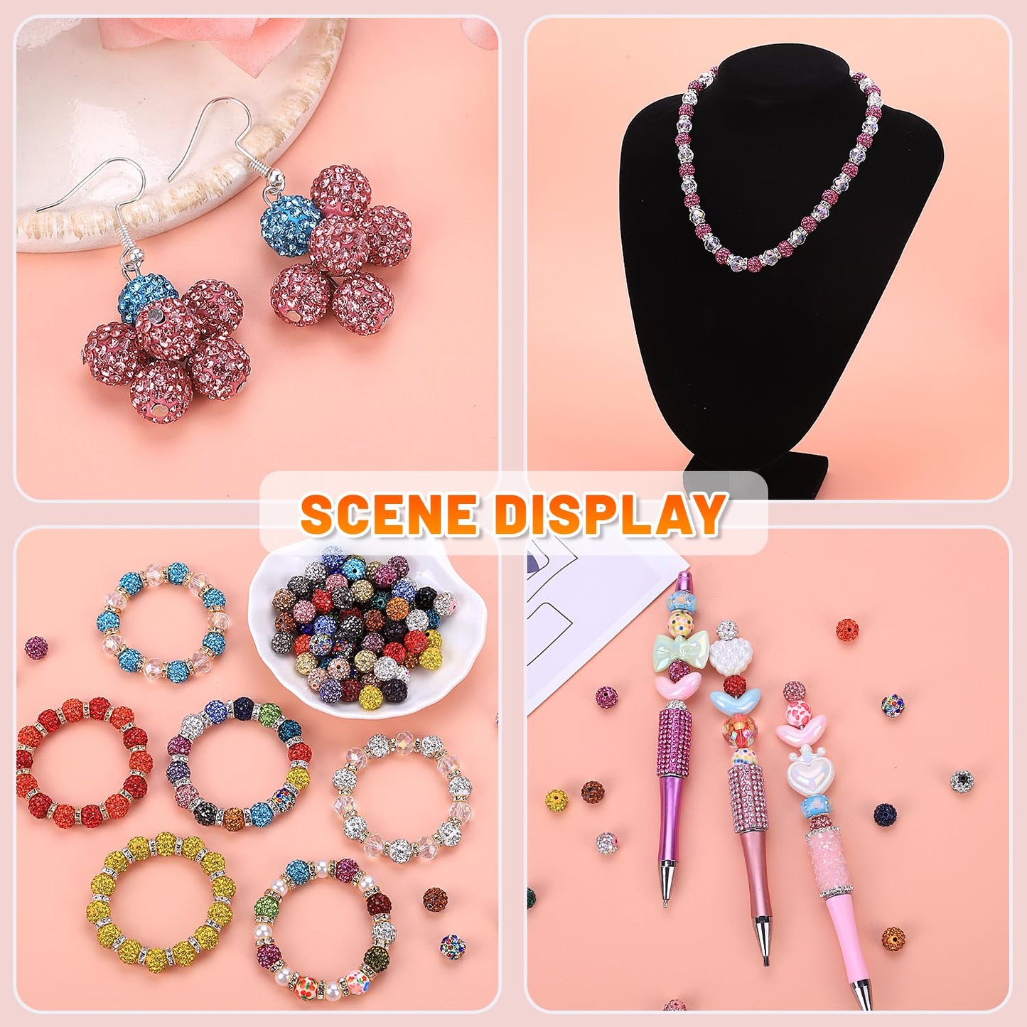AIPRIDY Jewelry Making Beads Set, 590 PCS 10mm Round Mixed Color Rhinestone Clay Beads with Pearl and Floral Beads for DIY Bracelets, Necklaces(Fixed Mixed)