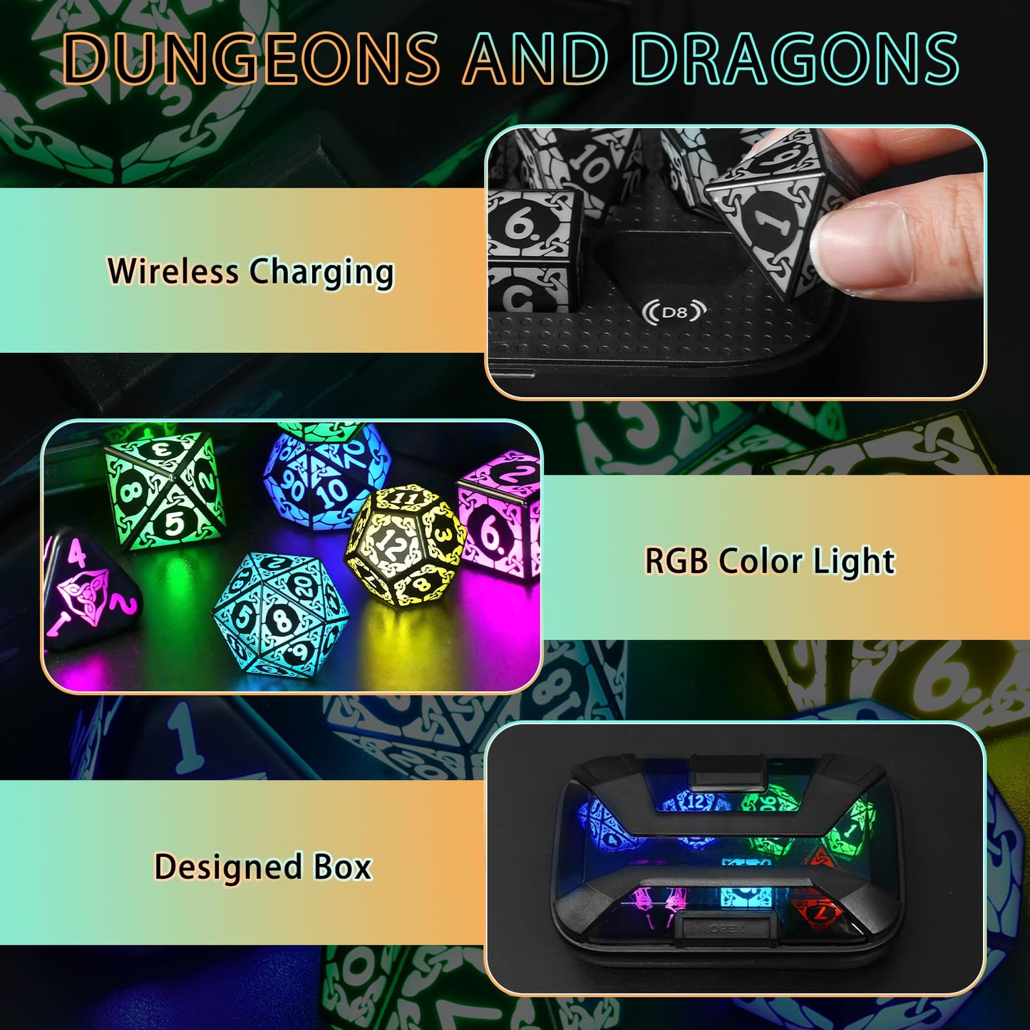 LED Dice with Charging Box，7 PCS RGB Light up Dice for Dungeons and Dragons, Polyhedral DND Dice Set for Tabletop Games Gifts（KS-RGB）