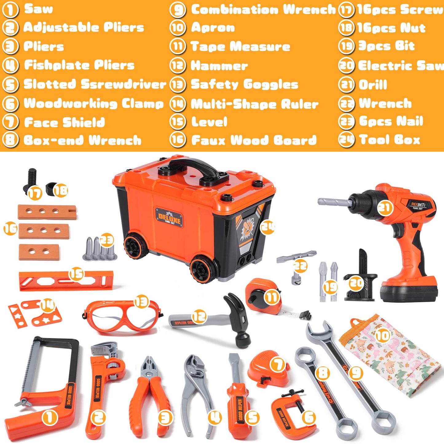 REXBETI Kids Tool Set with Box and Electronic Toy Drill, Pretend Play Kids Workbench Construction Kits, Toddler Tool Set, Birthday Gifts for Ages 3-8 Years Old