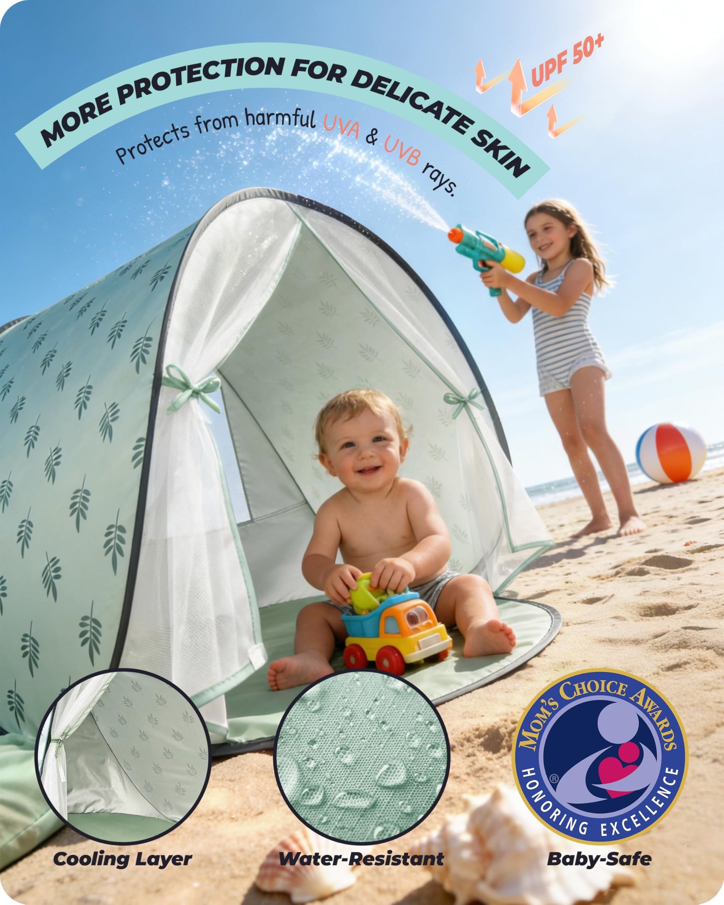WEMOH Baby Beach Tent, 2026 Upgrade Pop Up UPF 50+ UV Protection Sun Shelter Canopy with Mosquito Net Portable Outdoor Shade Summer Essentials for Babies & Toddlers