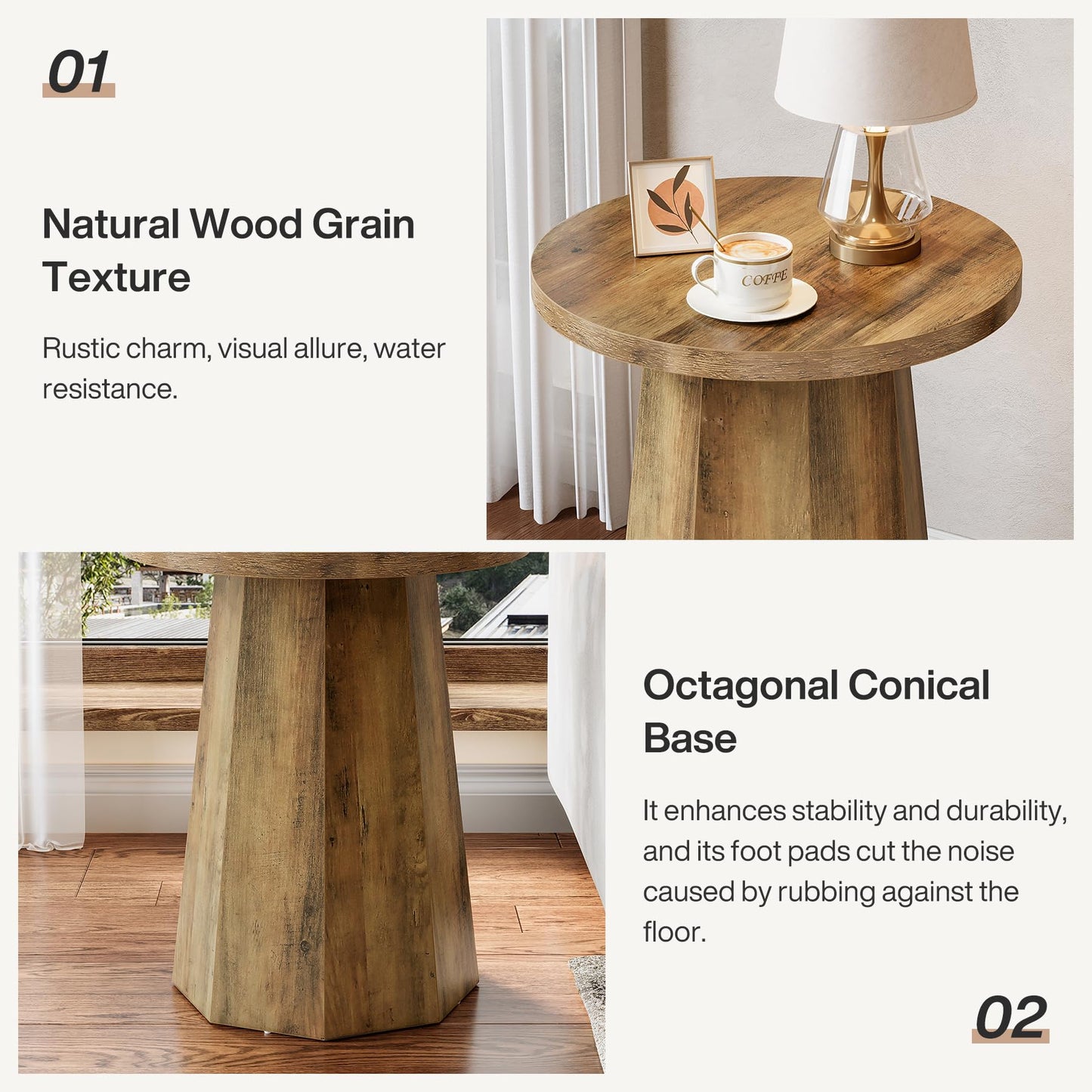 Tribesigns Round Pedestal End Table, Farmhouse Couch Side Table with Octagonal Base, Wooden Drink Stand Accent Nightstand (1, Rustic Brown)