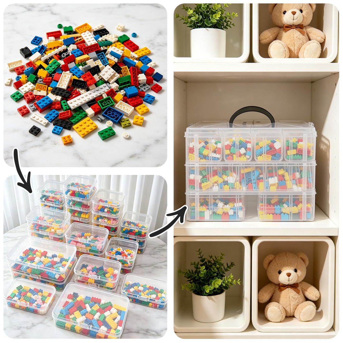 Guyuyii Bead Organizers and Storage with Labels and Handle - 58 Pcs Small Plastic Bins with Lids and 3-Tier Stackable Clear Bead Storage for Diamond Painting, Seed Beading & Jewelry Making (3 Sizes)