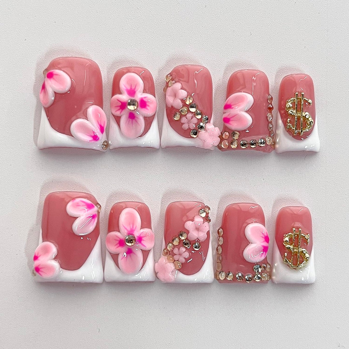 French Tip Press on Nails Handmade Short Duck 3D Flower Thick Acrylic Nails White False Nails with Pink Floral Rhinestones Designs Elegant Glossy Fake Nail Sturdy Wedding Art Press on Nail 10Pcs(S)