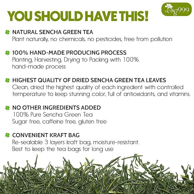 TOG999, Premium 60 Sencha Green Tea Bags, 100% Natural & Pure from Sencha Green Tea Leaves. Loose Leaf Sencha Herbal Tea. No Sugar, No Gluten, Vegan.