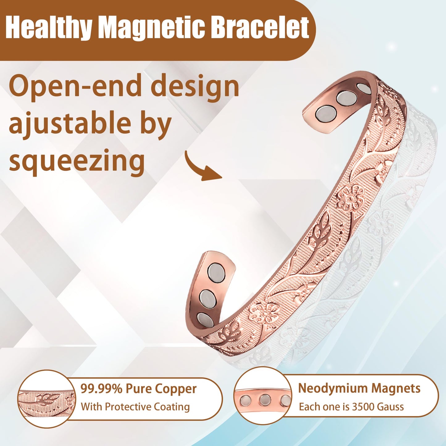 EnerCoppeX Pure Copper Magnetic Ring & Bracelet for Women, Adjustable Size, Jewelry (Bracelet*1)