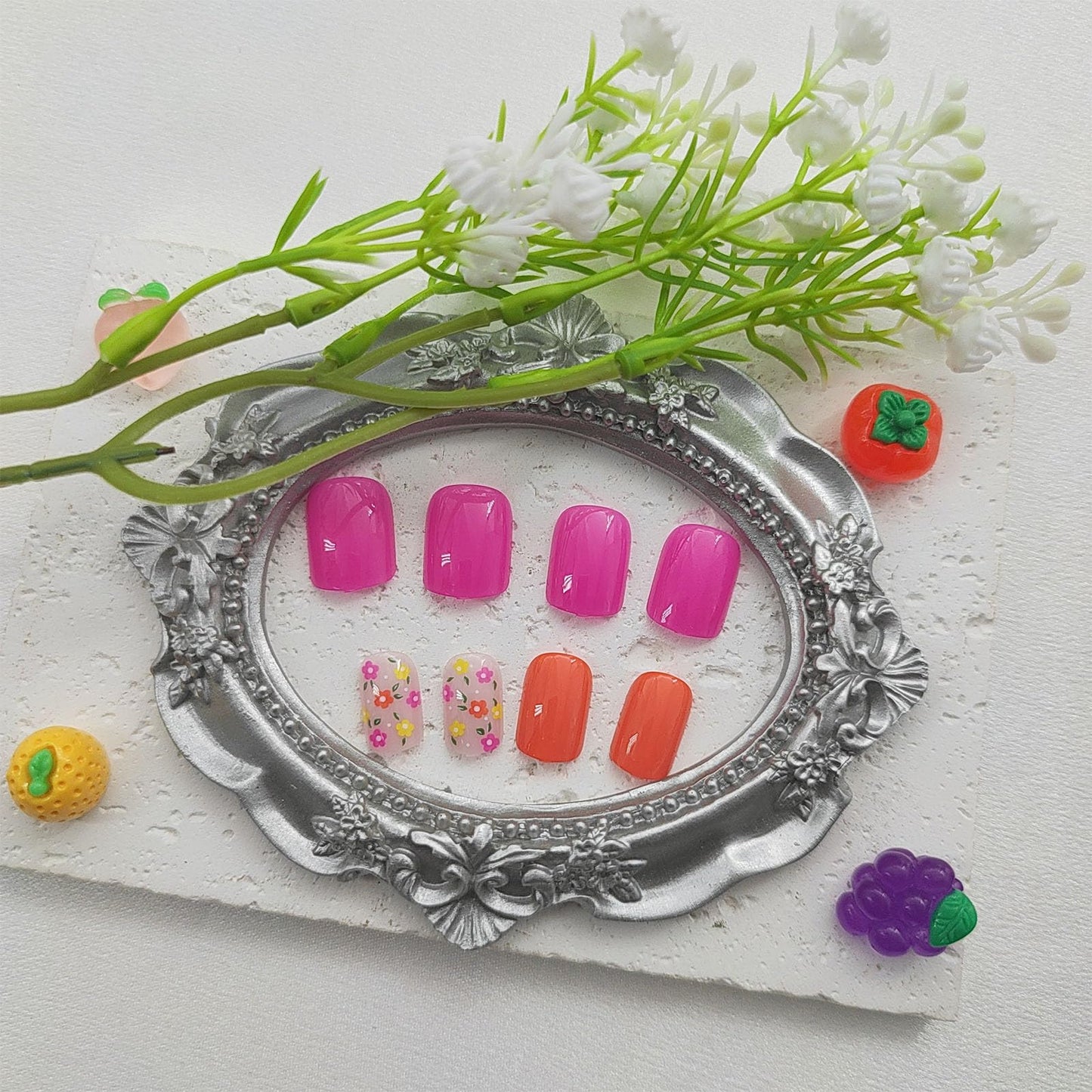 Pink Press on Nails Short Square Fake Nails with Colorful Flower Designs Orange Nails Press ons Glossy Glue on Nails Spring Acrylic Nails Cute Flase Nails Stick on Nails for Women 24Pcs
