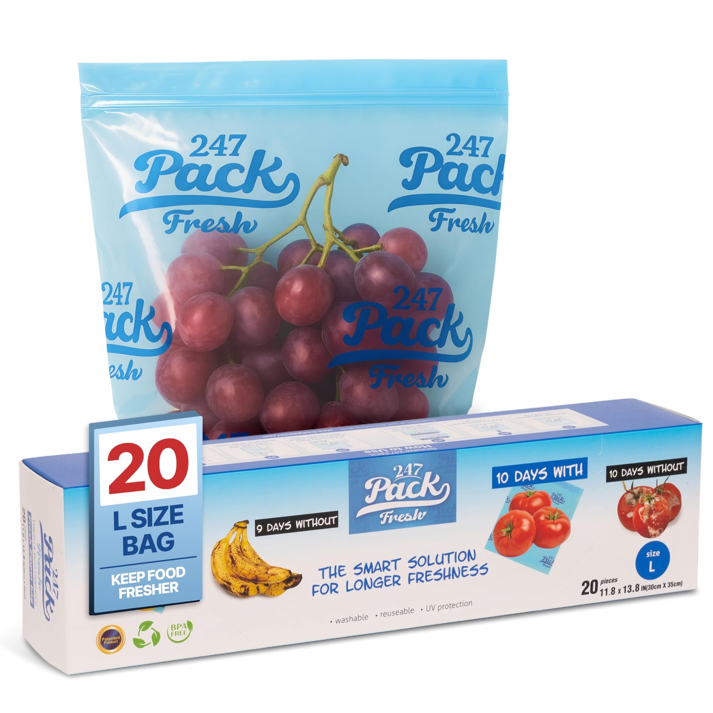 Freshpack 247 Produce Storage Bags Size L 12 x 14 Inches 1.5 Gallon 20 Pack Reusable Food Storage Bags With Zipper For Fruits Vegetables Meal Prep Lunch Pantry Use