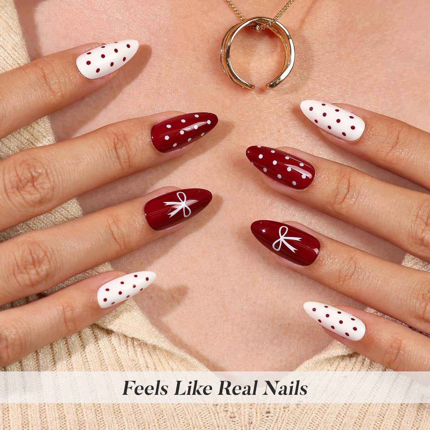 Red and White Medium Press on Nails - Polka Dot and Bow Design, SHANGMENG Soft Gel Almond Nails for Women, Glue on Nails in 16 Sizes - 32 Reusable Fake Nails Kit with Glue, Red & White Variation