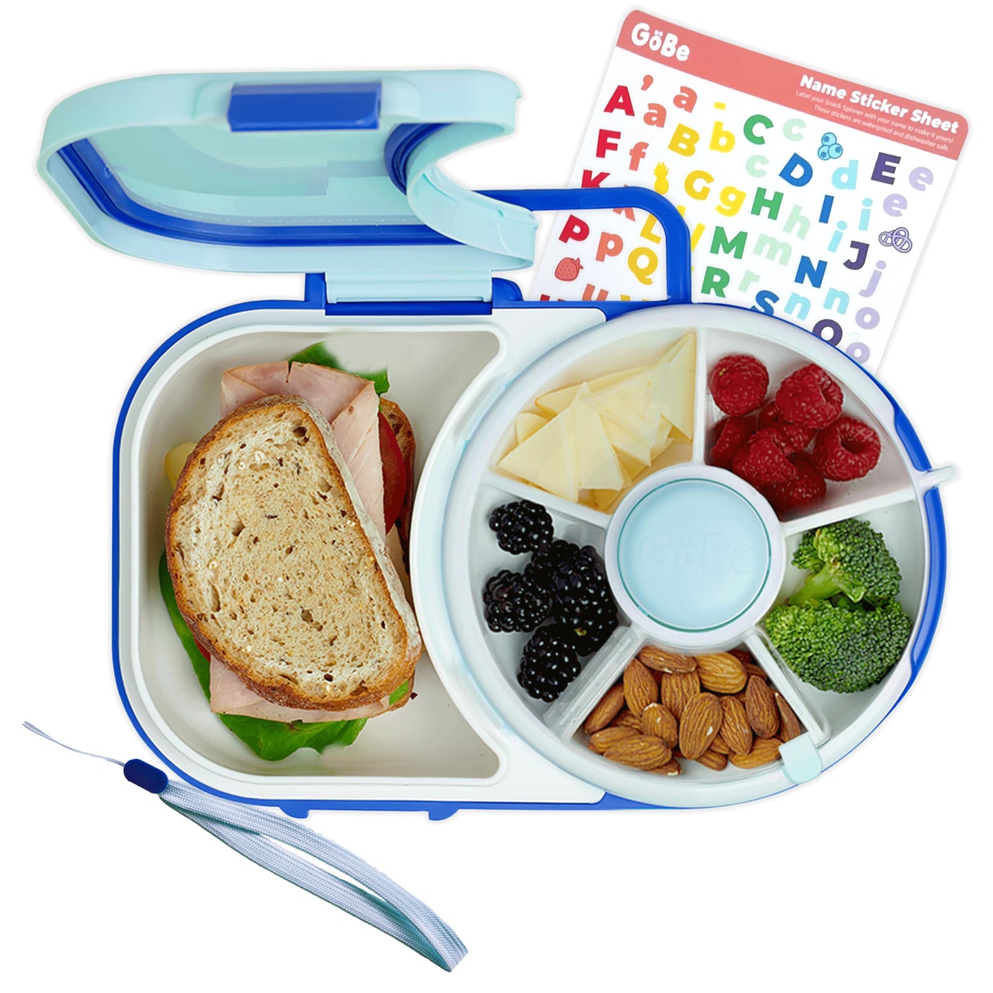 GoBe Kids Lunchbox with Small Snack Spinner Flip - Bundle with Hand Strap & Sticker Sheet, 2-in-1 Bento Style Lunch Container, 5 Small +1 Large Sandwich Compartment, BPA & PVC Free- Macaron Blue