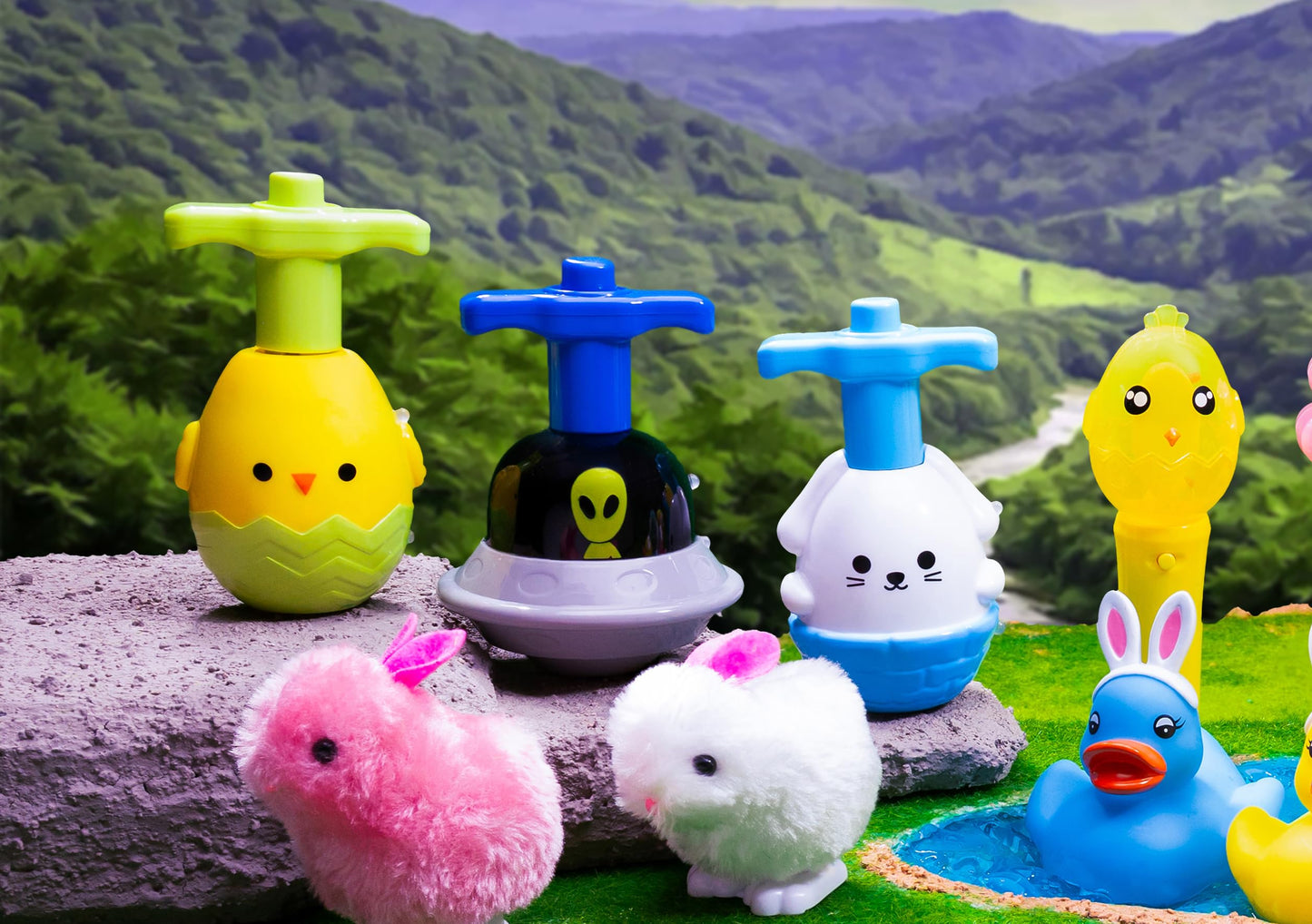 Light Up Spinning Top Toys for Kids – LED Flashing Spinner Tops with Colorful Glow, Handheld Spin Toy Party Favors & Classroom Prizes – Fun Designs 3-Pack (Chick, Bunny & Alien)
