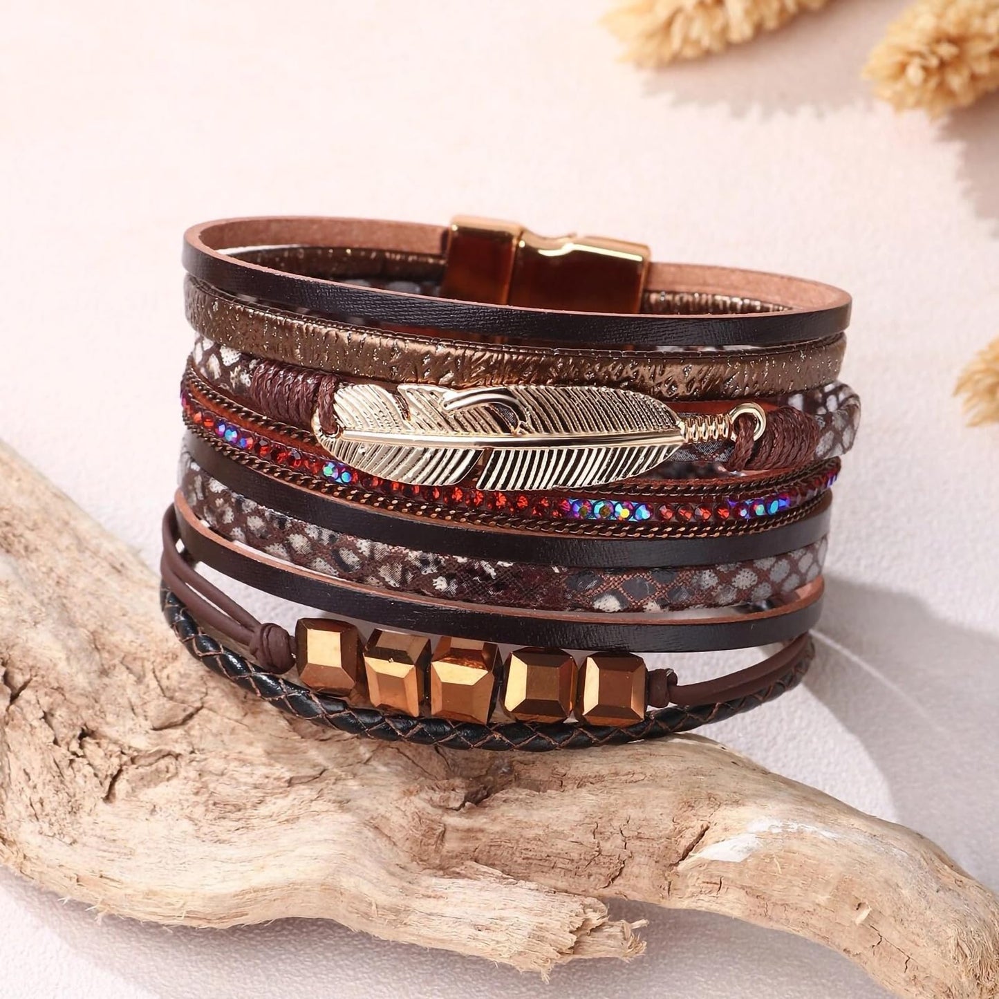 Leopard Bracelet for Women, Boho Leather Wrap Multi-Layer Pearl Crystal Bracelet Bangle Jewelry (Cube(Brown))
