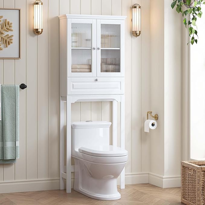 Spirich Over The Toilet Storage Cabinet with Muro Glass Doors, Over Toilet Bathroom Organizer with Tilt-Out Cube and Adjustable Shelf, White