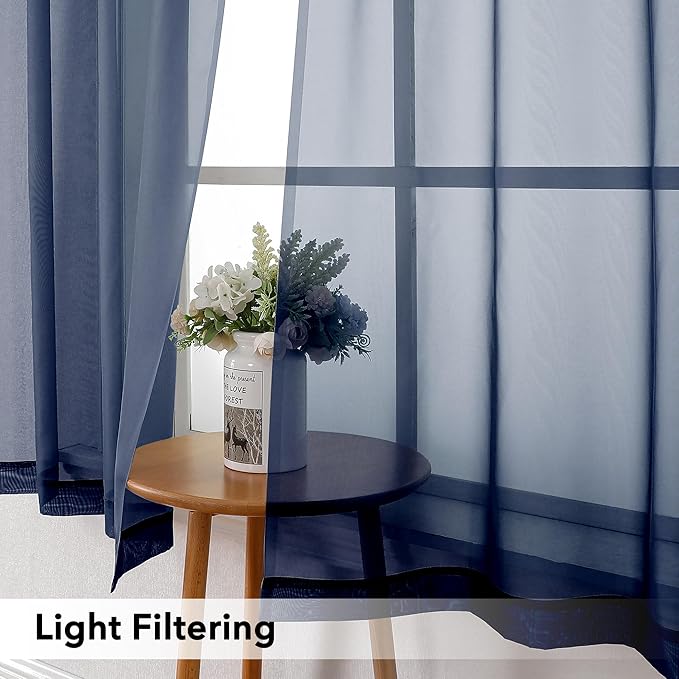 Simplebrand Navy Valances 14 Inches Long for Living Room Pocket 2 Panel Light Filtering Sheer Translucent Valence Toppers for Window Kitchen Bathroom Bedroom 42x14 Inch Length