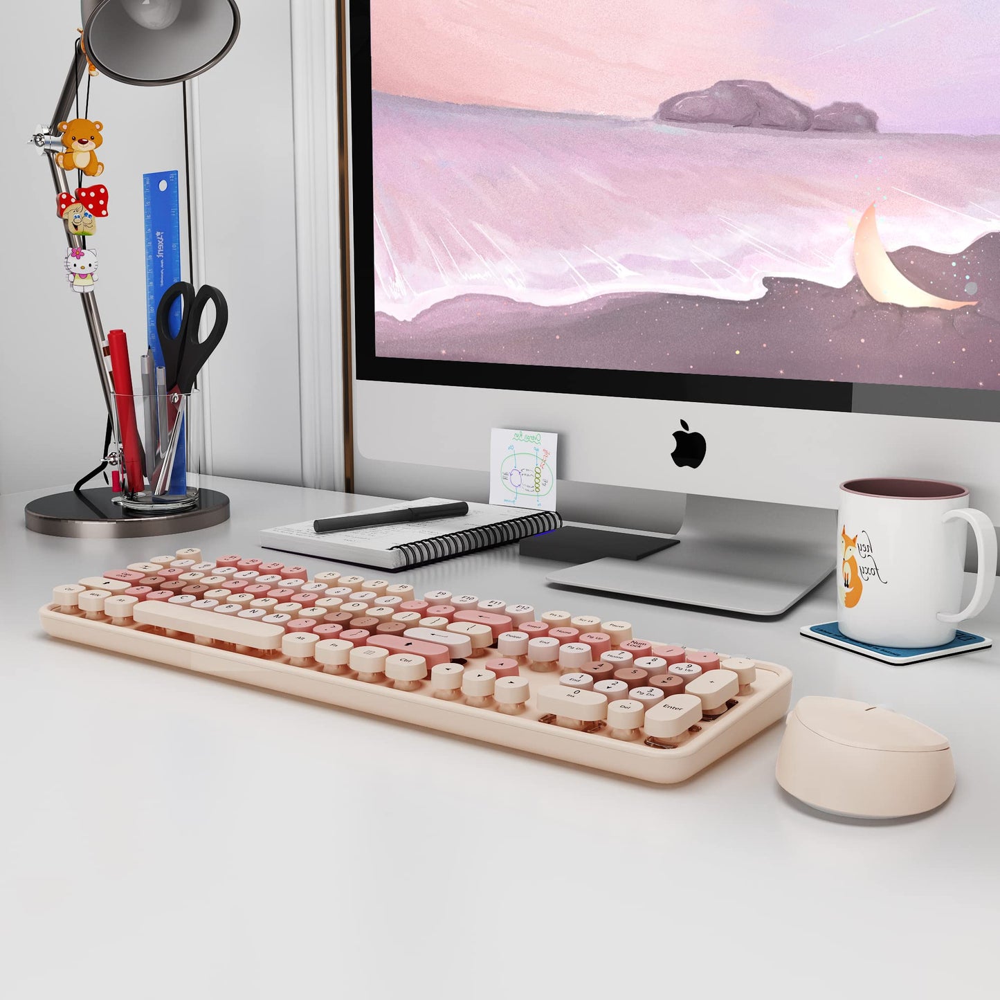 KOOTOP Wireless Keyboard and Mouse, Cute Keyboard and Mouse Combo with Retro Round Keycap, 2.4G Connectivity for PC, Mac, Laptop, Computer Windows (Milk Tea)
